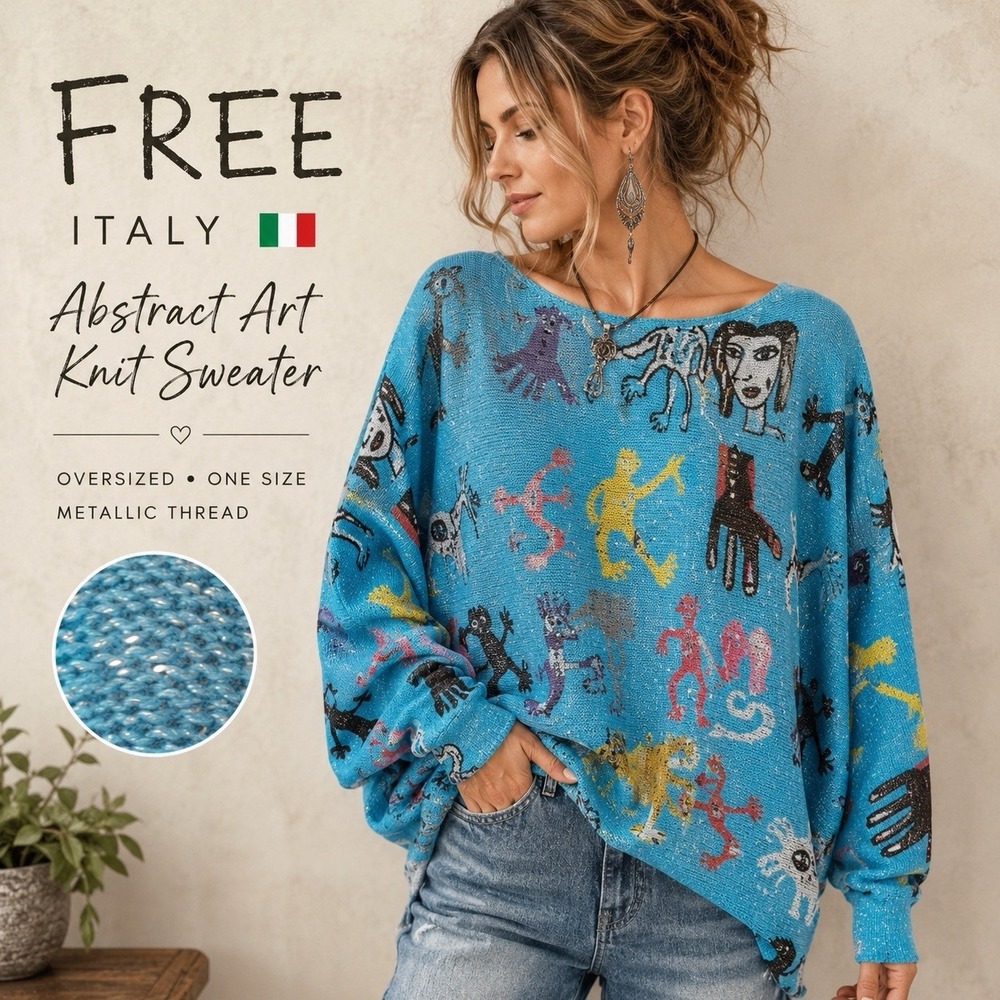 FREE‎ Italy Abstract Art Sparkle Knit Sweater Blue Oversized Boho OS Whimsical